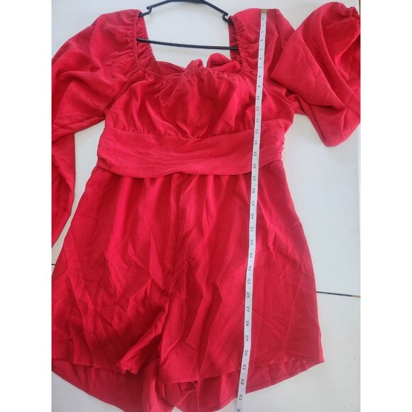 Red Off Shoulder Bow Tie Back Long Sleeve Romper Women's Size XL - Picture 7 of 8